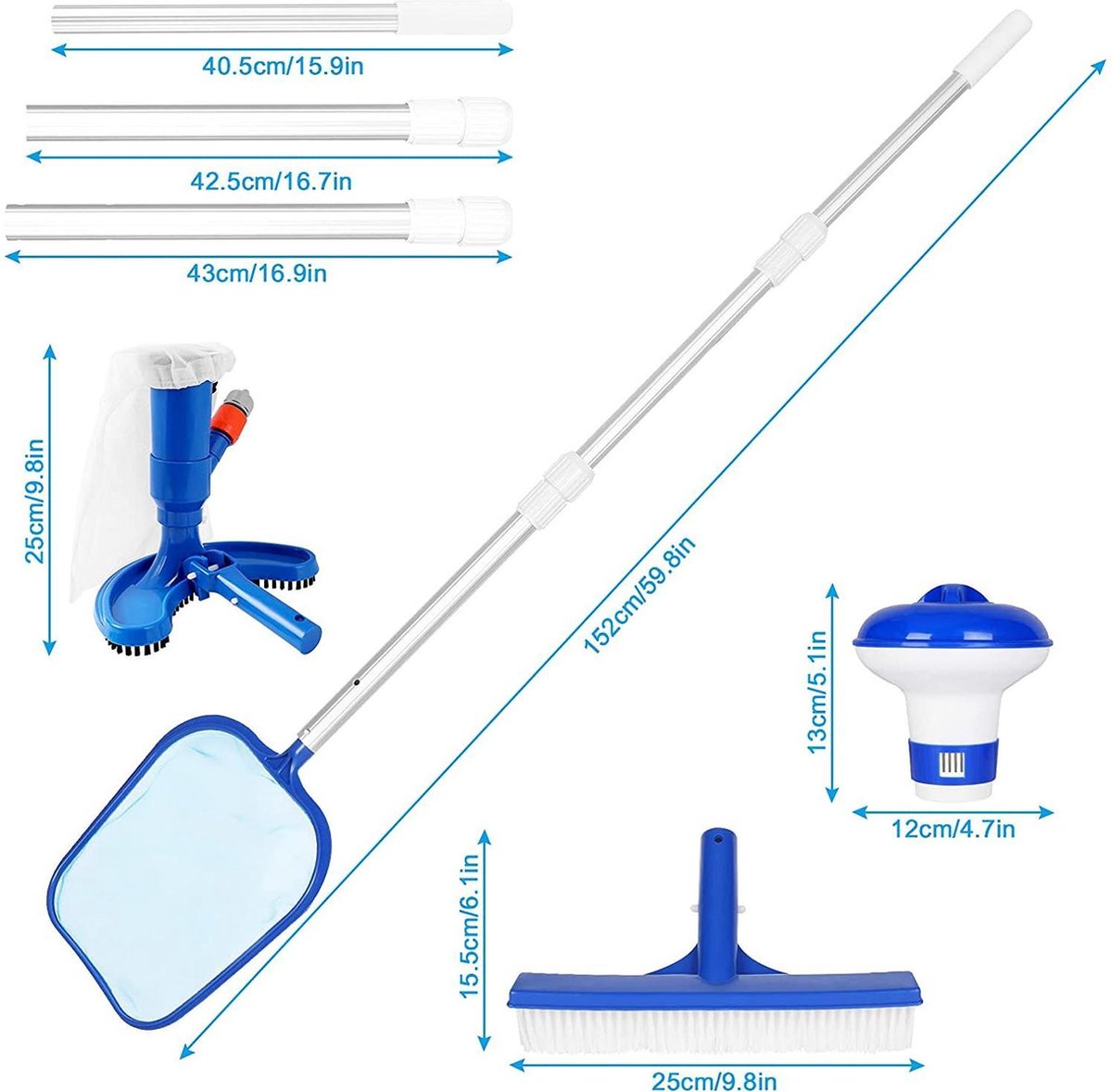 Zwembadreiniging Set | 6-delig | Zwembadaccessoires | Zwembad Onderhoud | Blauw | Aluminium | Kunststof