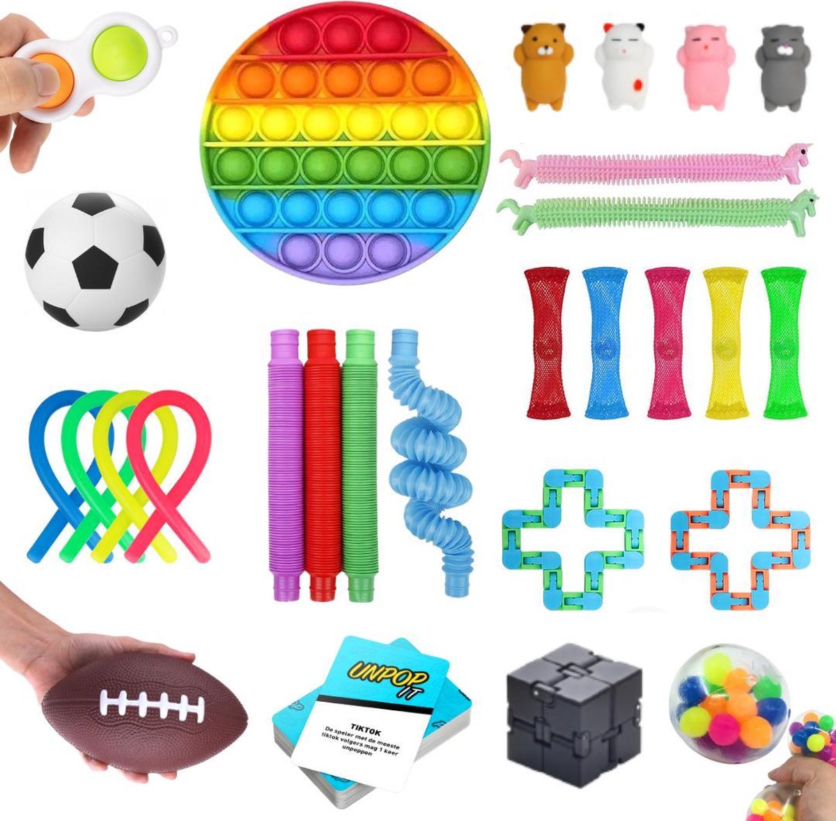 ZTWK© - Fidget toys pakket XL - 28 stuks - Pop it regenboog - Mochi - Monkey Noodles - Unpop it!