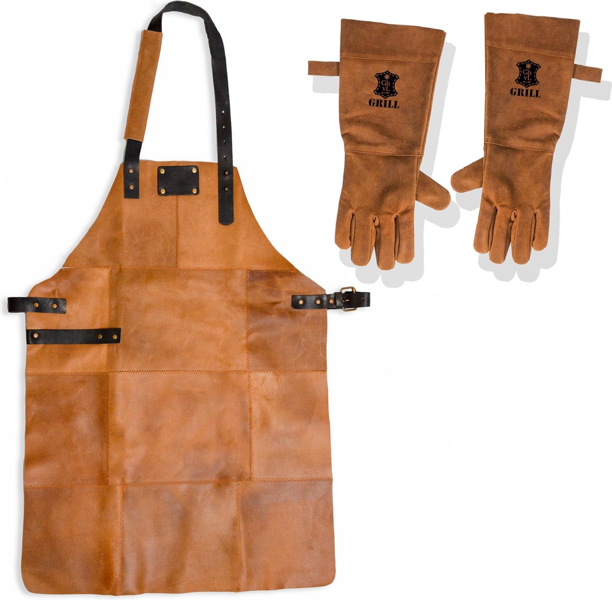 Leren Schort met Handschoenen - Licht Bruin – Soepel Leer - Barbecueschort - Keukenschort Man – 81 x 56 cm