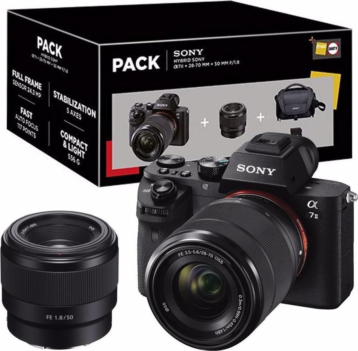 Sony systeemcamera a7 II + 50mm f1.8 lens en 28-70mm zoomlens