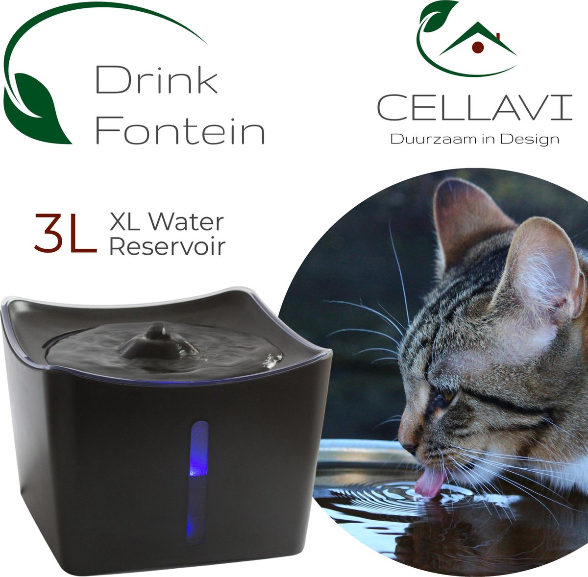 CELLAVI XL Drinkfontein Kat en Hond met 3 in 1 Waterfilter – Kattenfontein 3L – Super Stil – Duurzaam