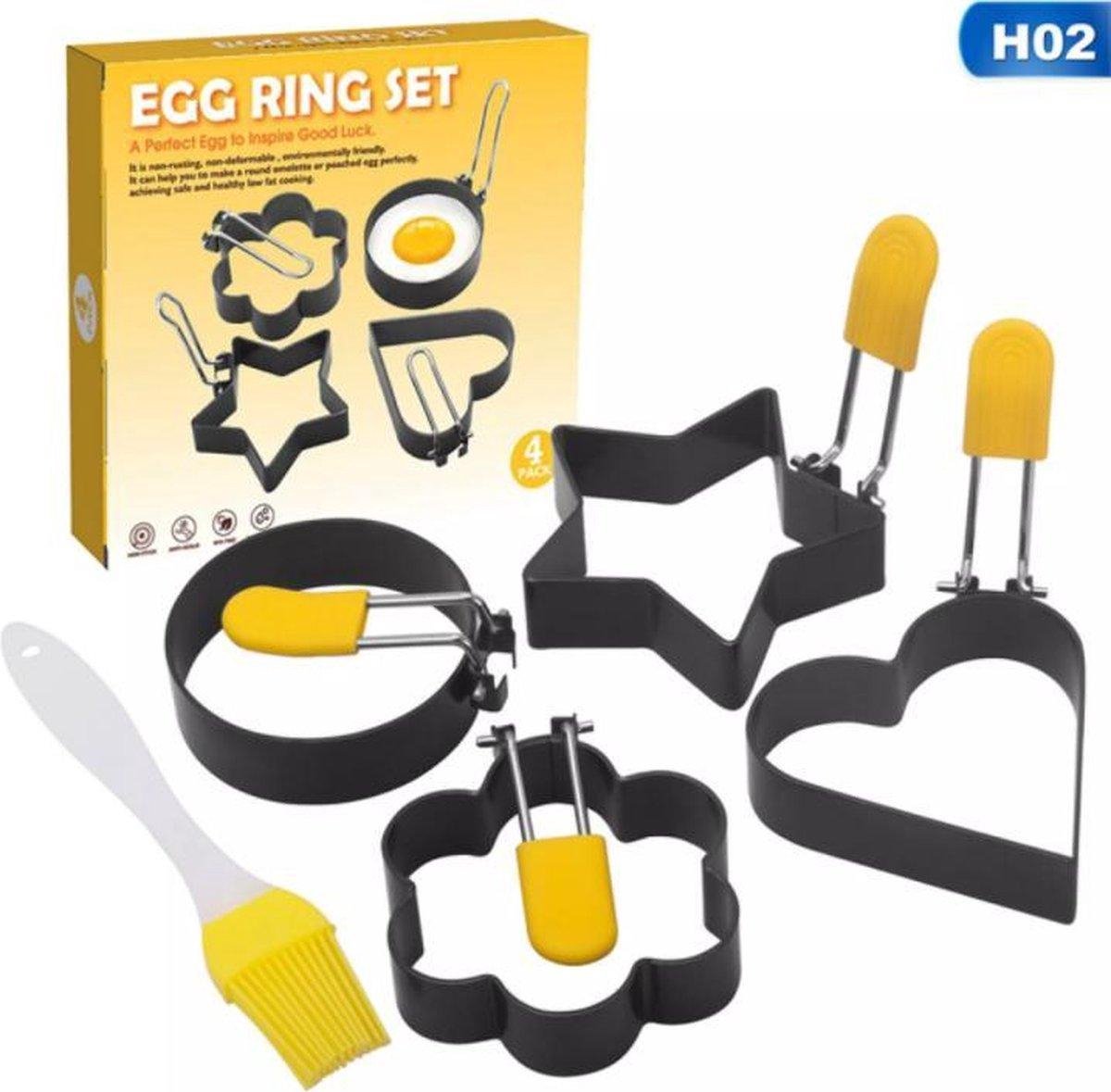 4 stks/set Fried Egg Mold + Een Gratis Bakborstel -Gebakken Ei Pancake - Rvs Leuke Vormige Pancake -Ringen Mold / Liefde Bloem / DIY Stainless Steel Fried Egg Fried Egg Mold Kitchen Cooking Tools / Mallen Keuken Tool