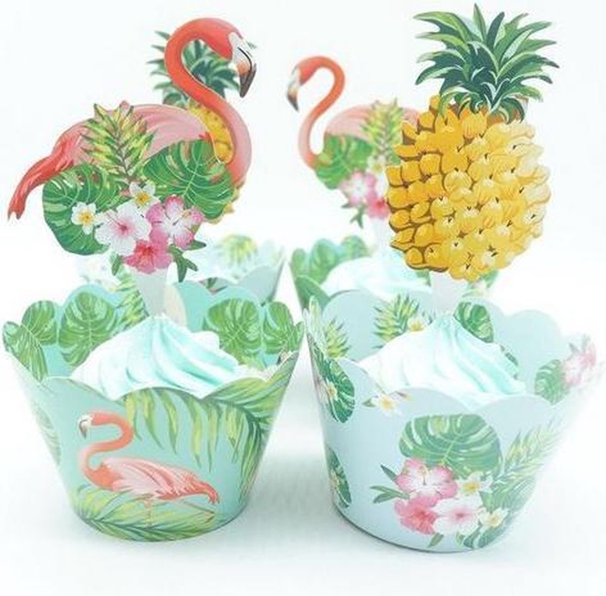 12 stuks cupcake omslagen + toppers flamingo / ananas