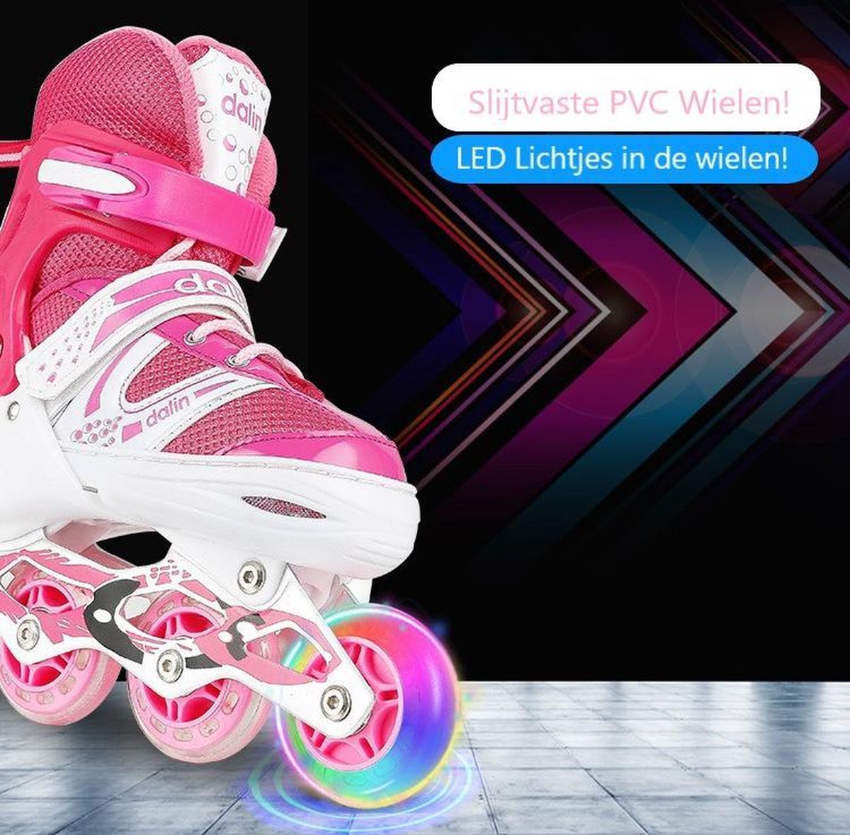 Okii Inline Skeelers/Skates - LED / Licht Wielen -  Roze/Wit/Fuchsia- Verstelbaar - Maat 30-34 - Klittenband + Quicklock