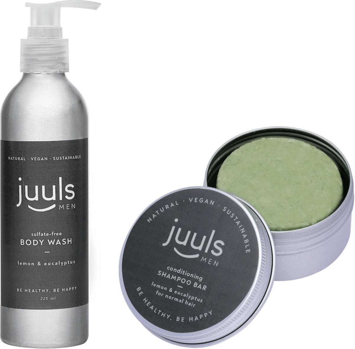 Juuls Vegan Care -  Cadeautje voor Hem - 1 x 225 ml Body Wash + 1 x 75 gr Shampoo Bar In Blik - Lemon & Eucalyptus - Halal - Gratis Verzenden