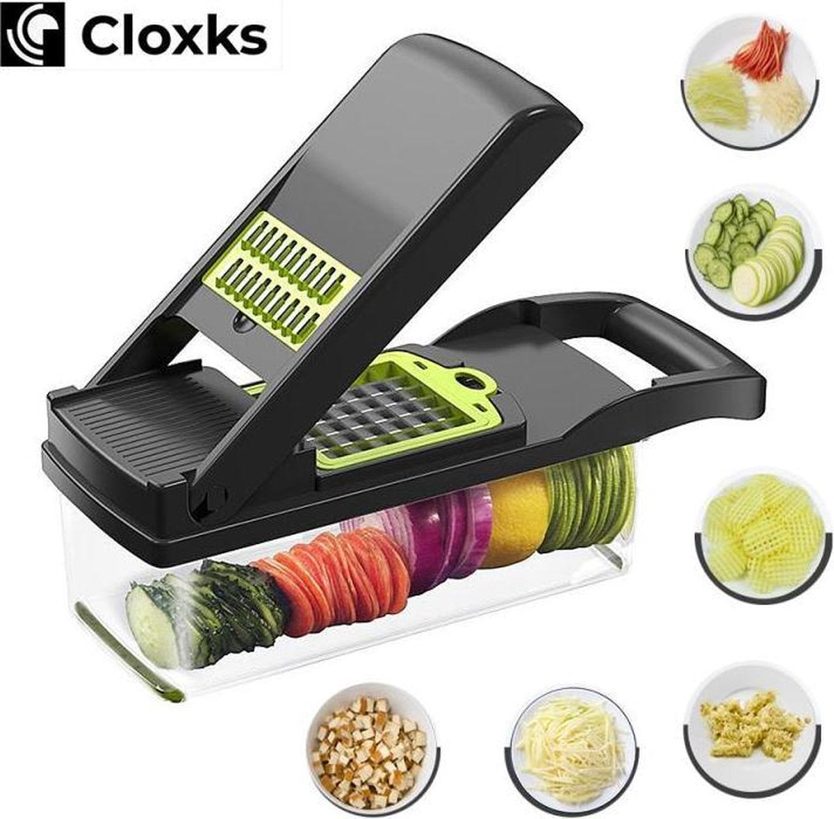 Cloxks – Groentesnijder – Mandoline – Uiensnijder – Uienhakker – Keukenmachine – Slicer dicer – Frietsnijder – Patatsnijder – Keukengerei – Zwart
