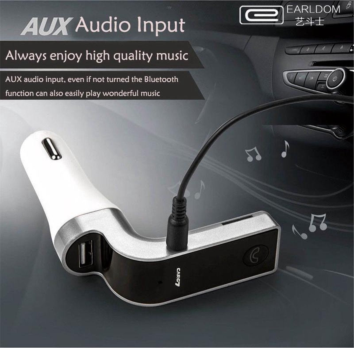 Bluetooth MP3 speler - autolader - met Micro SD slot - inclusief Aux Kabel - Zilver