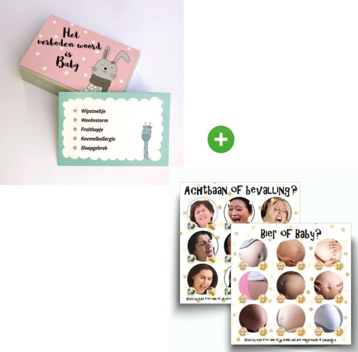 Babyshower spelletjes: "Het verboden woord is Baby" en "Bier of Baby"- babyshower invulkaarten - babyshowerspel