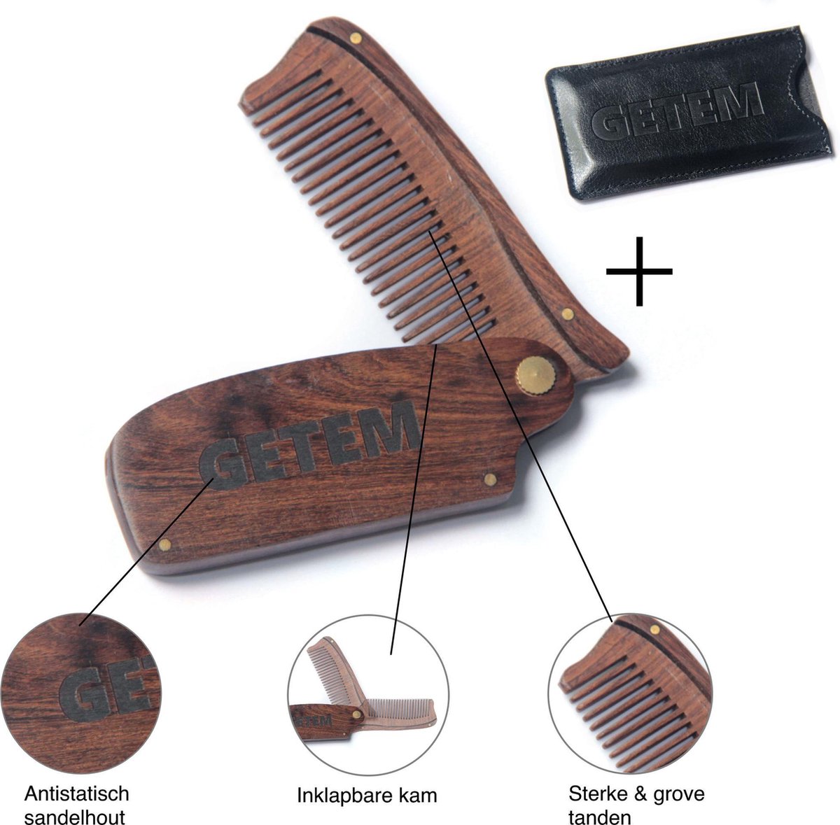 Baardkam opvouwbaar - Baardverzorging - Sandelhout - Baardkam hout - Cadeau voor hem - Baardolie en baardbalsem verdelen - Inclusief lederen beschermhoes