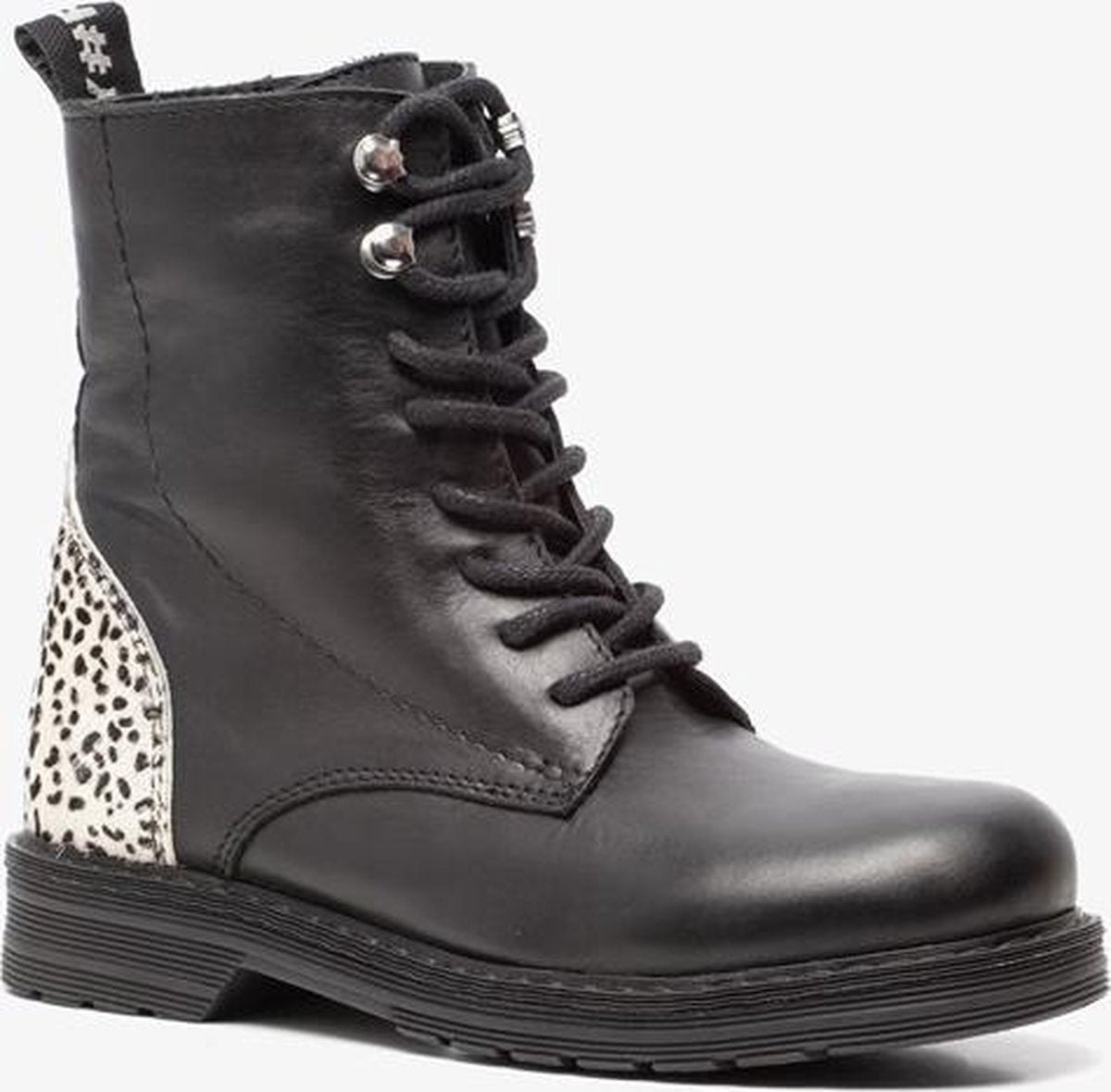 Groot leren meisjes veterboots met cheetah print - Zwart - Maat 34