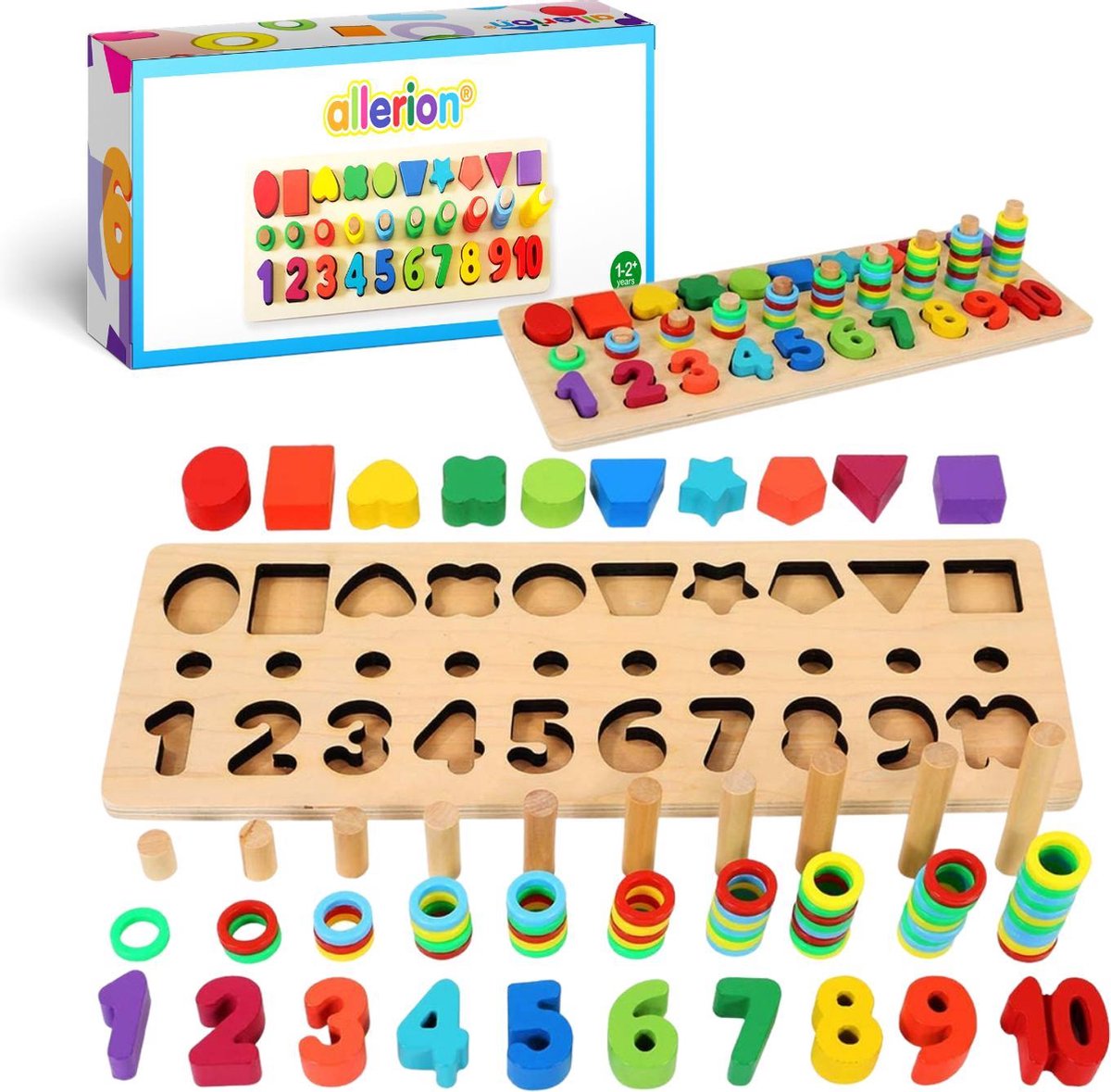 Allerion® Montessori Blokken Set - XL Blokken speelset - Educatief Speelgoed - Stimuleert Motoriek en Creativiteit - Heldere Felle Kleuren - 100% duurzaam hout - Ontwikkelingsspeelgoed