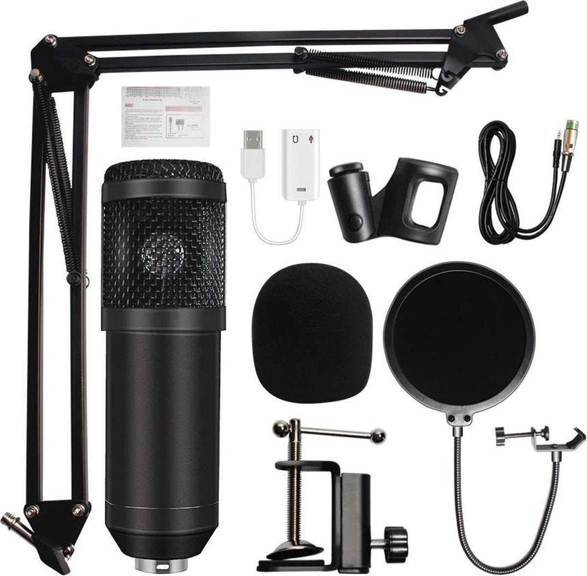 Grandecom® Pro Studiomicrofoon met verstelbare arm - Shockmount - Streamer - Popfilter - Plug and Play -  Spraak - Zang - Livestreams - Zwart