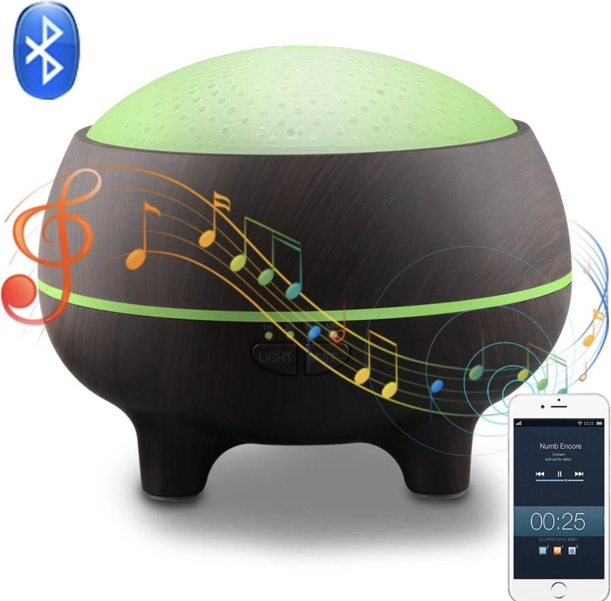 Devacieux Aroma Diffuser - Luchtbevochtiger Aromatherapie Inclusief 10ML Etherische Olie - Bluetooth Speaker - Donkerbruin