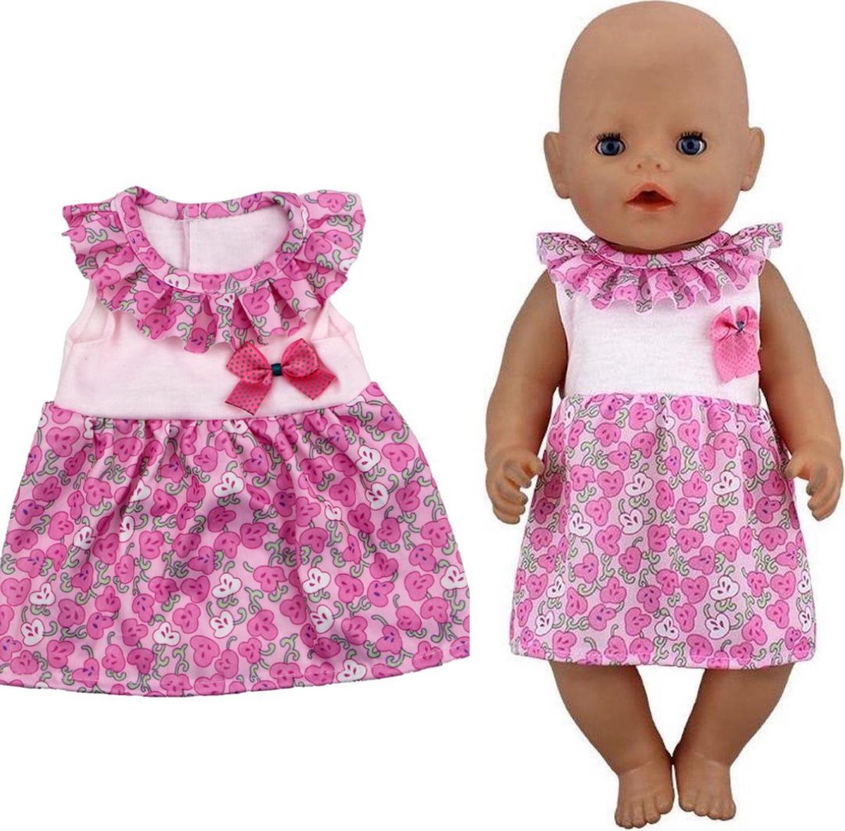 Dolldreams - Roze jurk met bloemetjes en strikje geschikt voor Baby Born of pop met lengte van 38 tot 43 cm