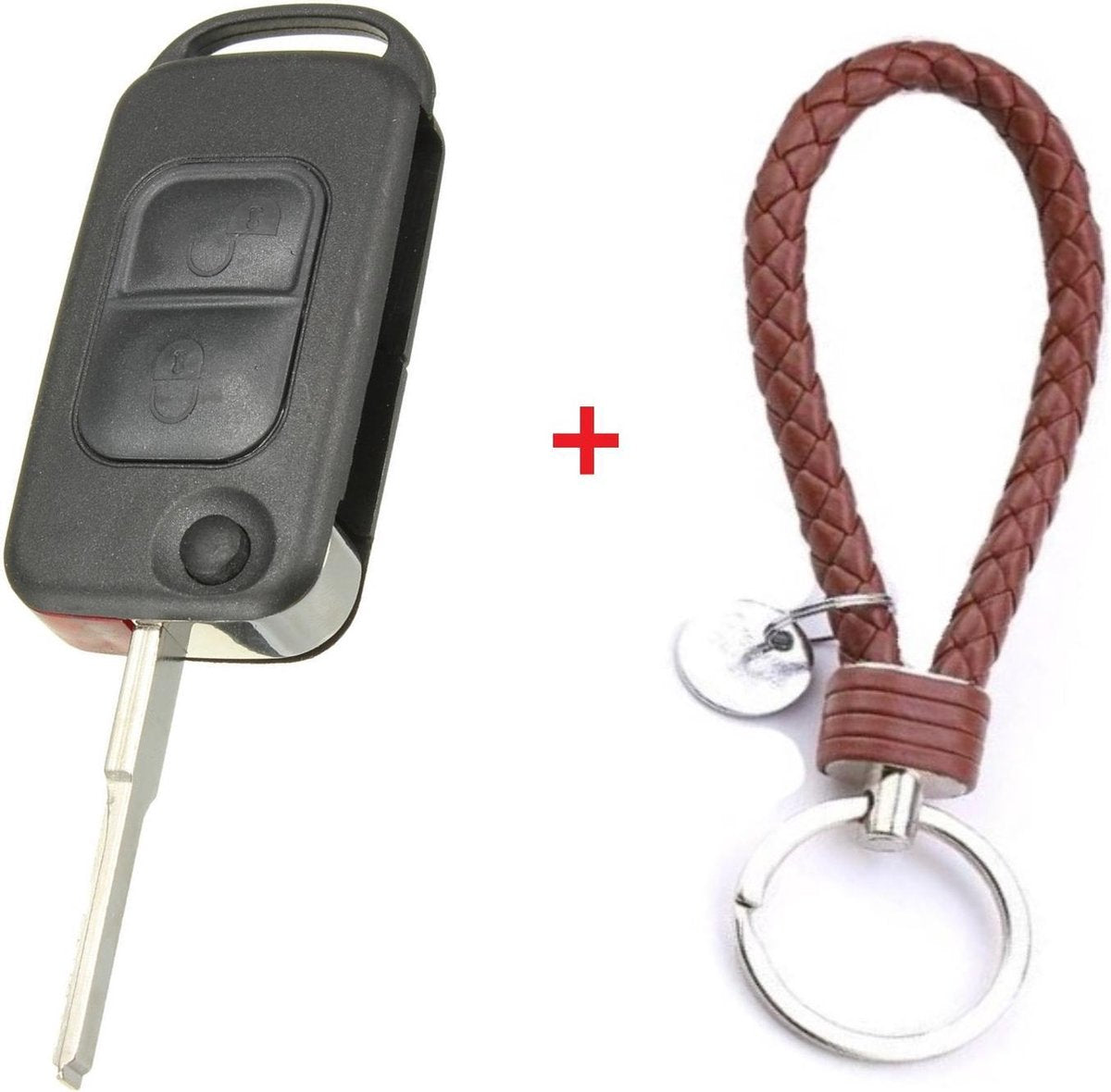 Autosleutel 2 knops klapsleutel met HU64 blad geschikt voor Mercedes sleutel / Mercedes Vito / Mercedes Sprinter / Mercedes M-klasse / V-klasse / mercedes sleutel behuizing + gevlochten bruin PU-lederen sleutelhanger.