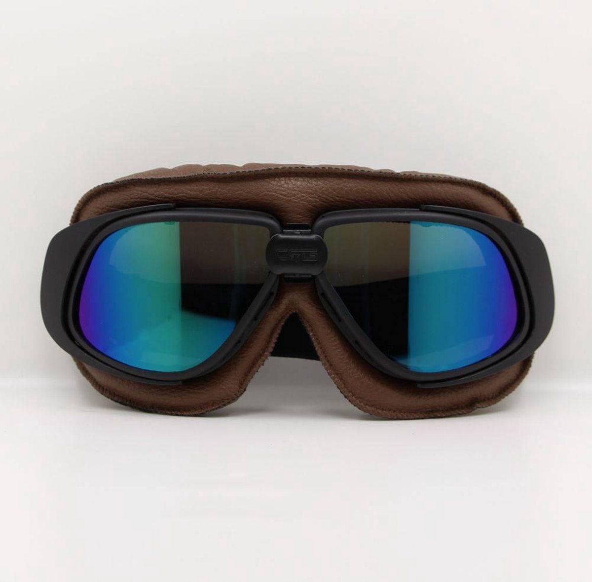 Retro bruin leren motorbril multi-kleur glas