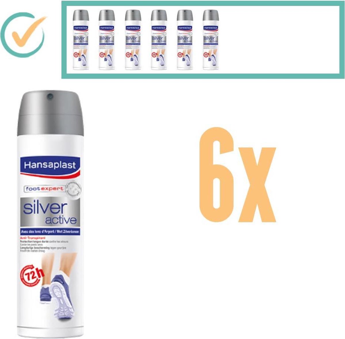 6x Hansaplast Silver Active Anti-Transpiratie Voetspray van 150ml per stuk - 72 uur bescherming tegen zweetvoeten - voetenspray