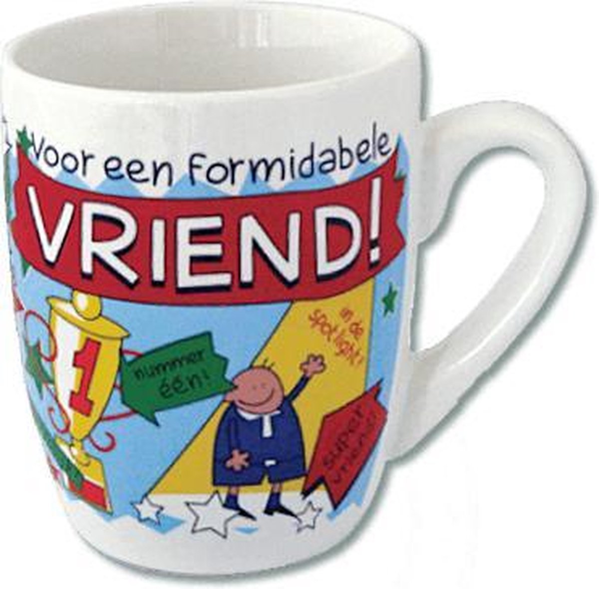 Verjaardag - Cartoon Mok - Voor een formidabele vriend - Gevuld met verpakte Italiaanse bonbons - In cadeauverpakking met gekleurd krullint