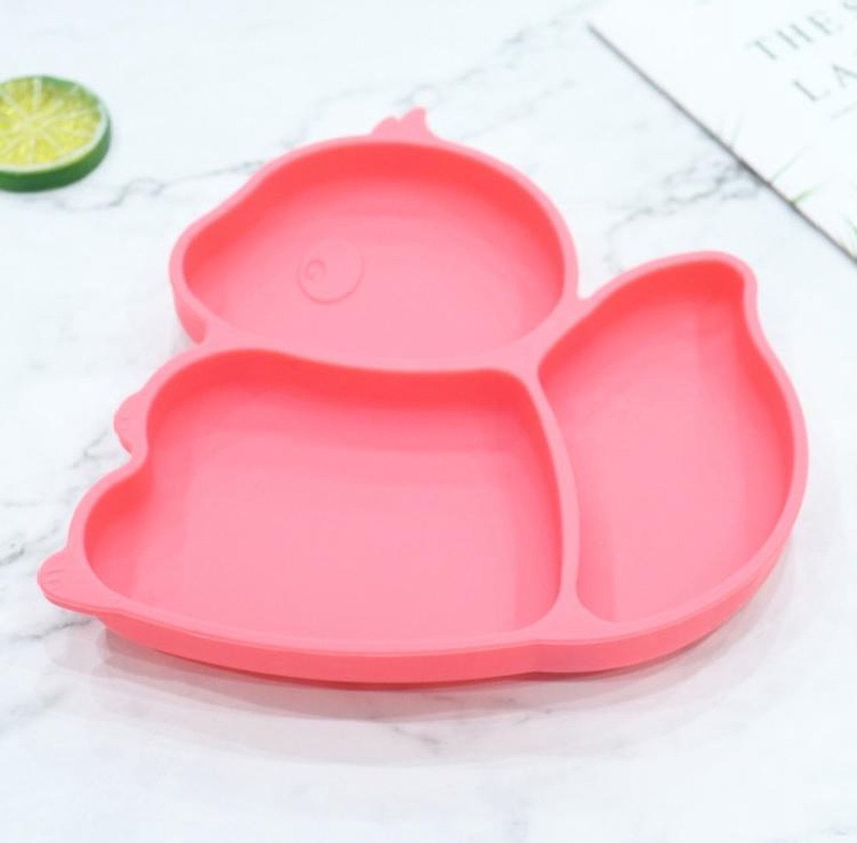 Handig en grappig siliconen Eekhoorn baby bordje met vakjes en zuignap | Babybordje | Kinderbordje | kleur roze | BPA en PVC vrij bord