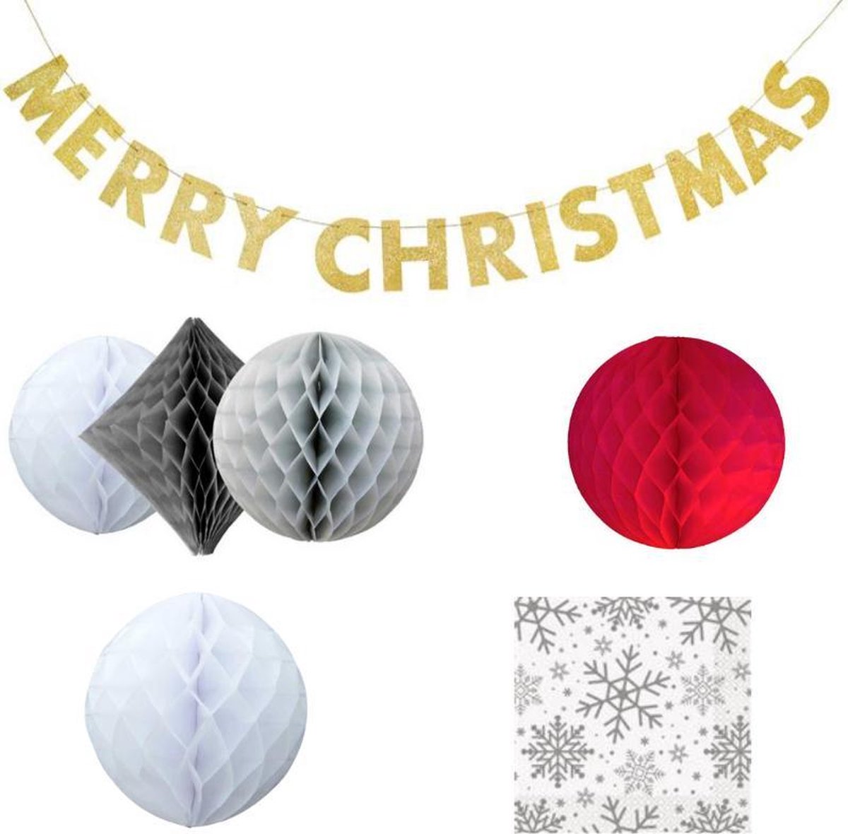 Honeycomb kerst versiering pakket met Merry Christmas Slinger Goud en gratis servetten | Kerst versiering pakket | kerstdecoratie