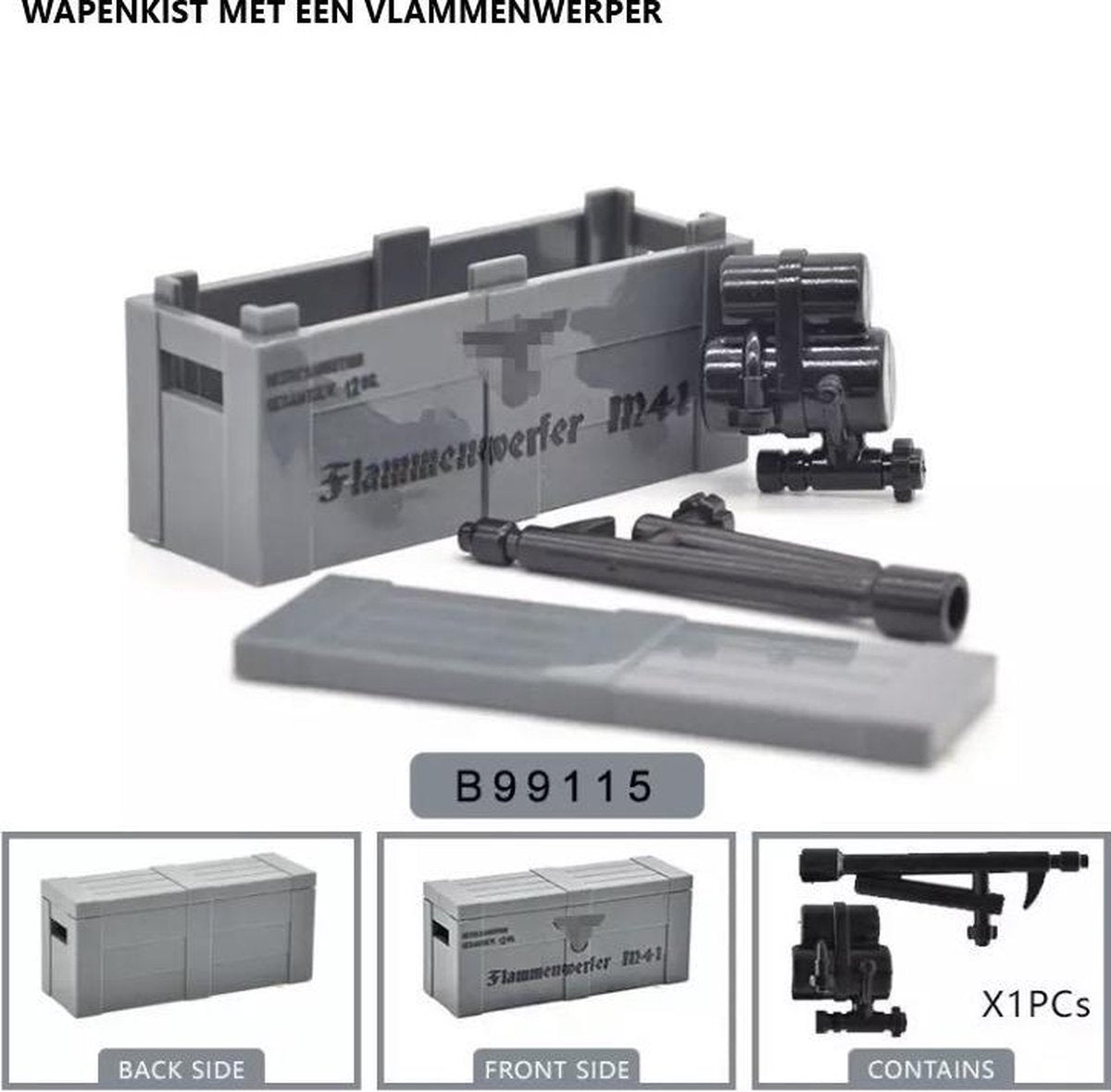 X35 - Duitse wapenkist "Vlammenwerper" - Custom printed - WW2 Bouwstenen - Lego fit - WW2 - Soldaten - Militair - Tank - Army - Bouwstenen - Wapens - Geweren - Brick - Tweede Wereld Oorlog - Mini-figures - Leger - Duits - Navy Seals
