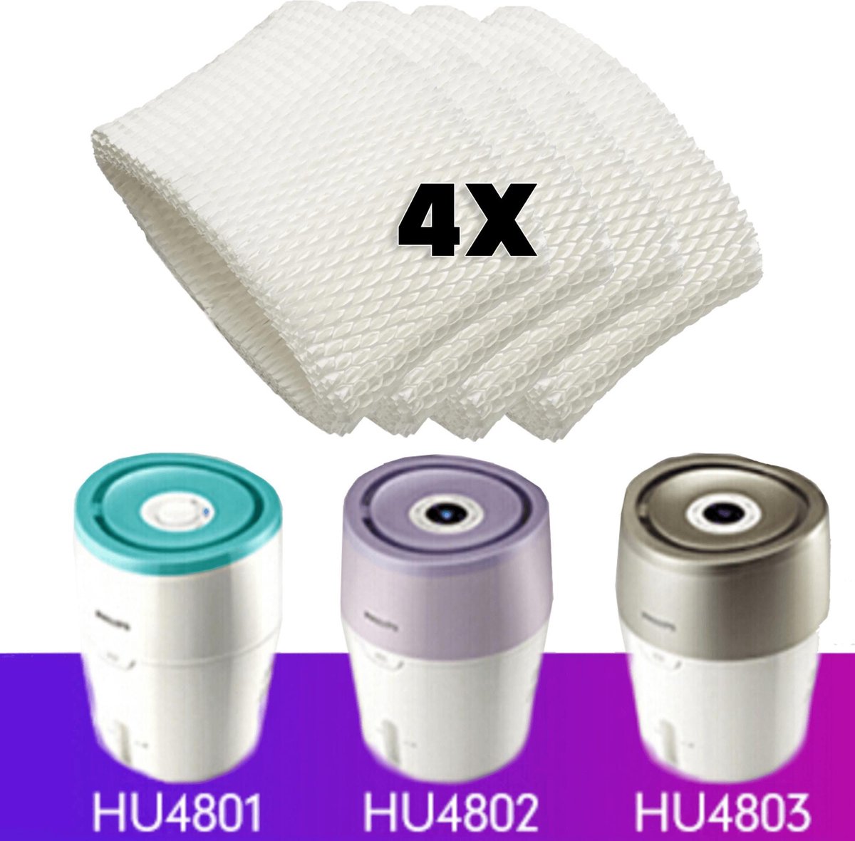 4x Lucht bevochtiging filter voor Philips HU4801 / HU4802/ HU4803 luchtbevochtiger (HU4102/01)