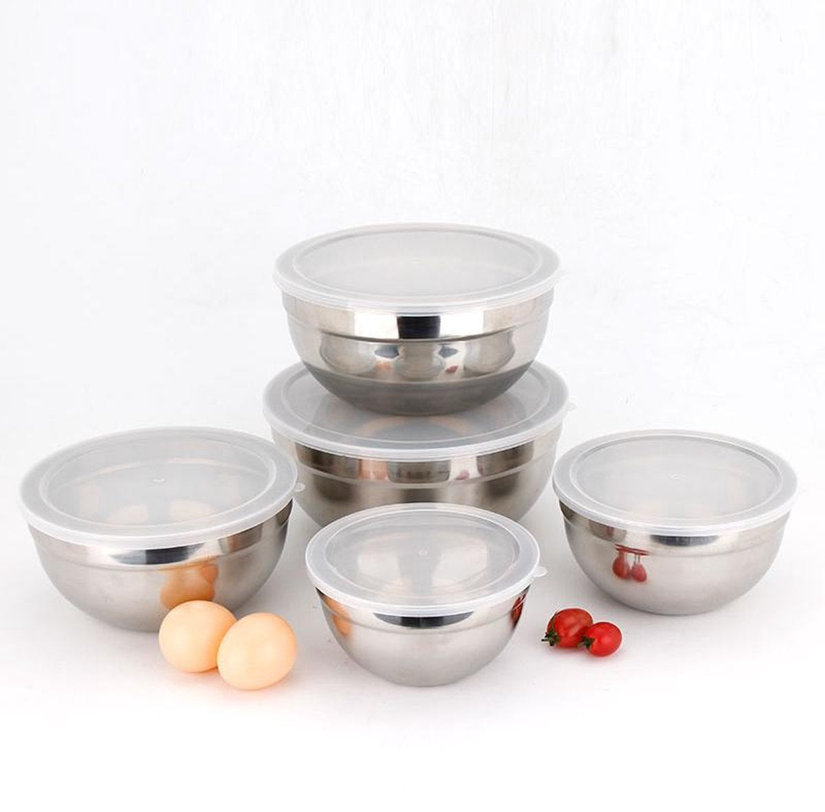 5-delige Mengkommen Set – Mengkom – Beslagkom – met Deksel – RVS – Schalen - Mengschaal  – 18/20/22/24/26cm