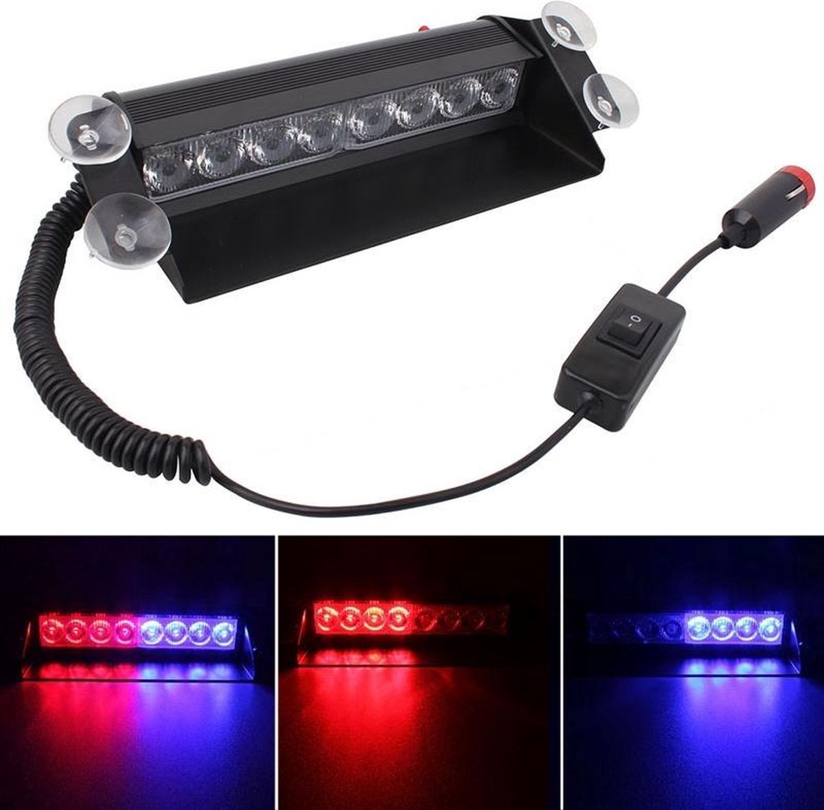 8W 800LM 8-LED rood + blauw licht 3-standen verstelbare hoek auto flitser Stroboscoop Noodverlichting Waarschuwingslamp met Suckers