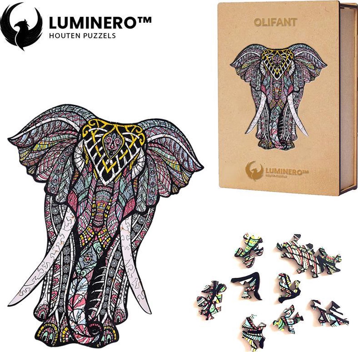 Luminero™  Houten Olifant Jigsaw Puzzel - A4 Formaat Jigsaw - Unieke 3D Puzzels - Huisdecoratie - Wooden Puzzle - Volwassenen & Kinderen - Incl. Houten Doos