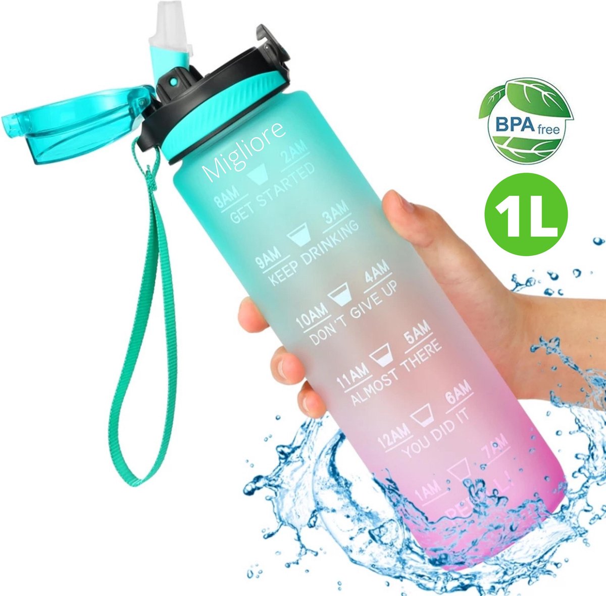Migliore Waterfles 1 Liter - Met Rietje - Motivatie - Bidon - 1 Liter - Sportdrankfles - Grote Waterfles - Tijdmarkering - Waterjug - Groen - Paars