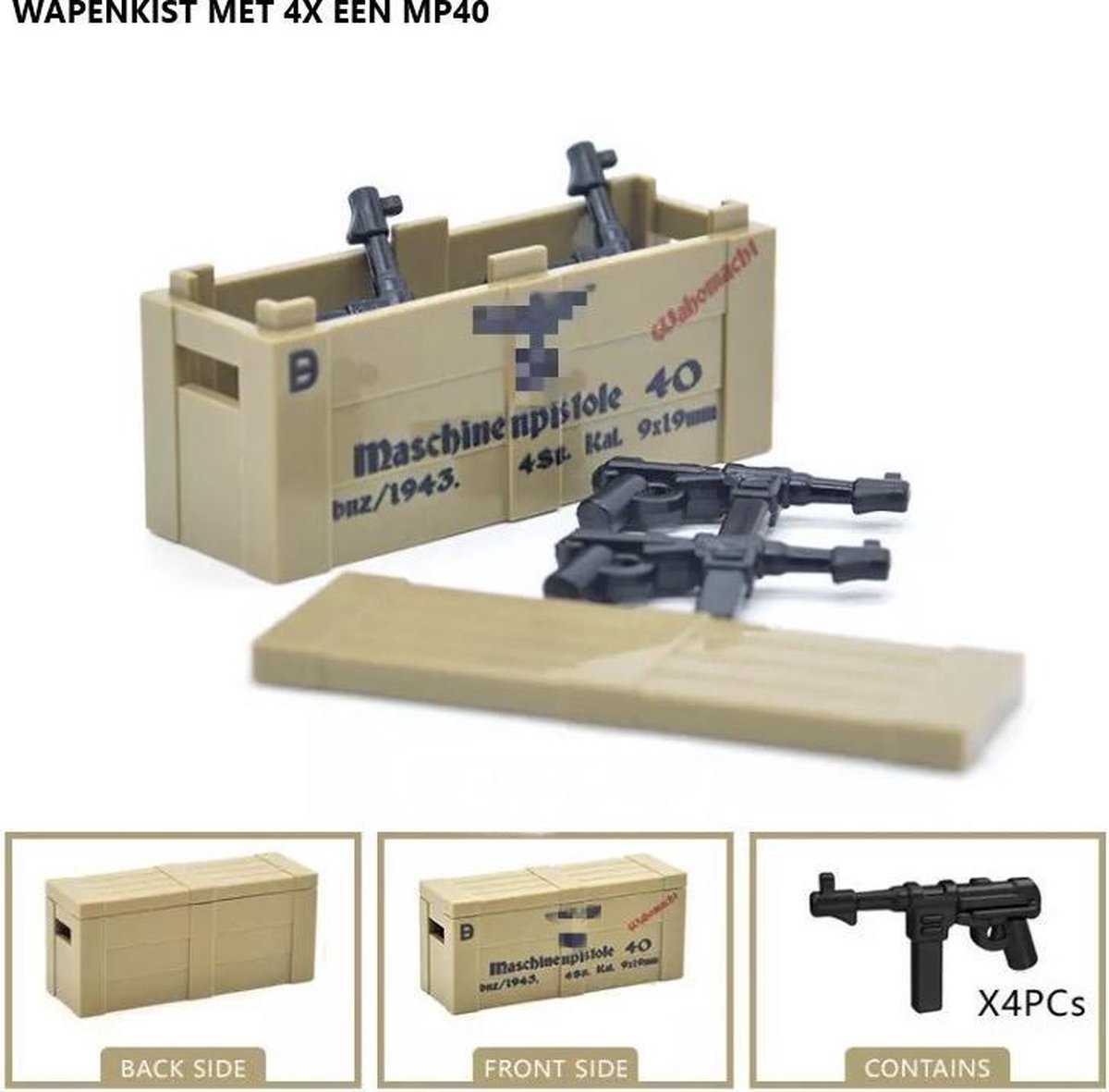 X31  - Duitse wapenkist "Machinepistole 40" - Custom printed - WW2 Bouwstenen - Lego fit - WW2 - Soldaten - Militair - Tank - Army - Bouwstenen - Wapens - Geweren - Brick - Tweede Wereld Oorlog - Mini-figures - Leger - Duits - Navy Seals