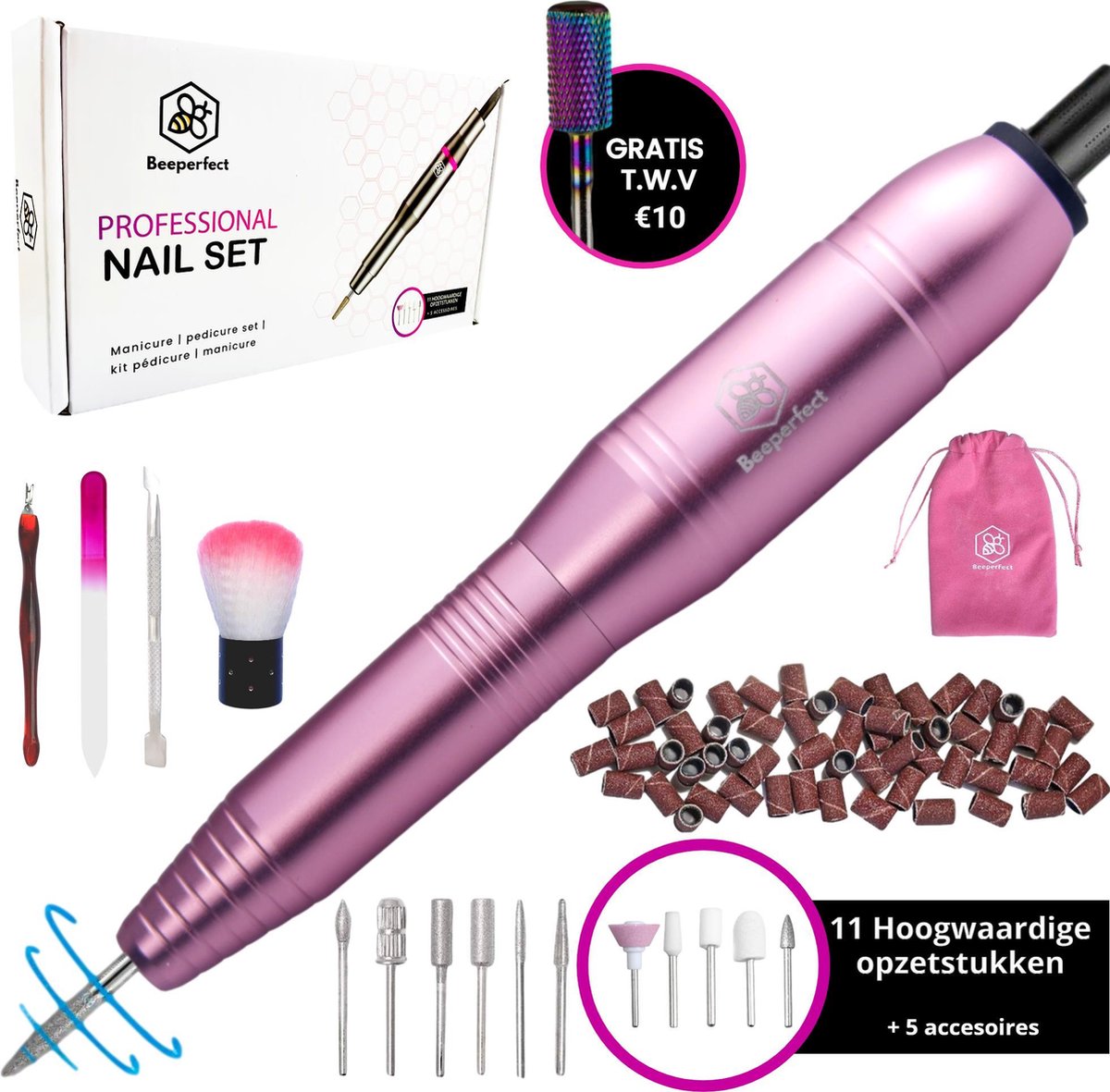 Beeperfect® Elektrische Nagelvijl – Manicure en Pedicure set - Nagelfrees - Eelt verwijderen - Incl. 11 bitjes en 66 Schuurrolletjes - 4 Extra accessoires - Roze