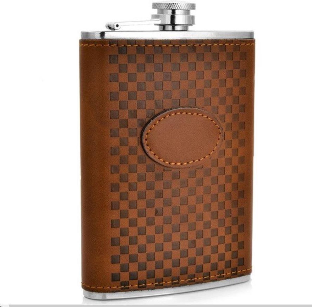 Bruin lederen RVS heupfles met geblokt patroon - Veldfles bruin leder - Platvink - Zakflacon - Heupflacon leer - Drankfles - Drankflacon - Leren Zakfles - Brown Leather - Leder