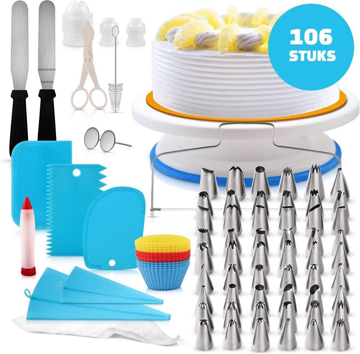 BOTC 106st Taart Maken Decoratie Set  - Luxe Cake Decoratie Met Taart Draaiplatau inc. 20 spuitmondjes en opzetstukjes - RVS - Bloemen