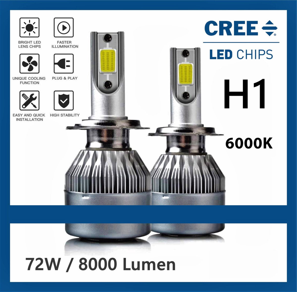 H1 LED lampen (set 2 stuks) CANbus Geschikt  6000k Helder Wit 8000LM IP68 72 Watt 