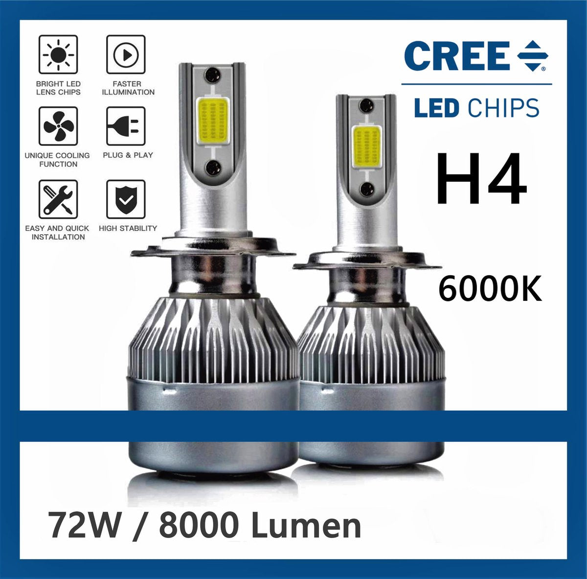 H4  LED lampen (set 2 stuks) CANbus geschikt HB2 / 9003 / 6000k Helder Wit 8000LM IP68 72 Watt