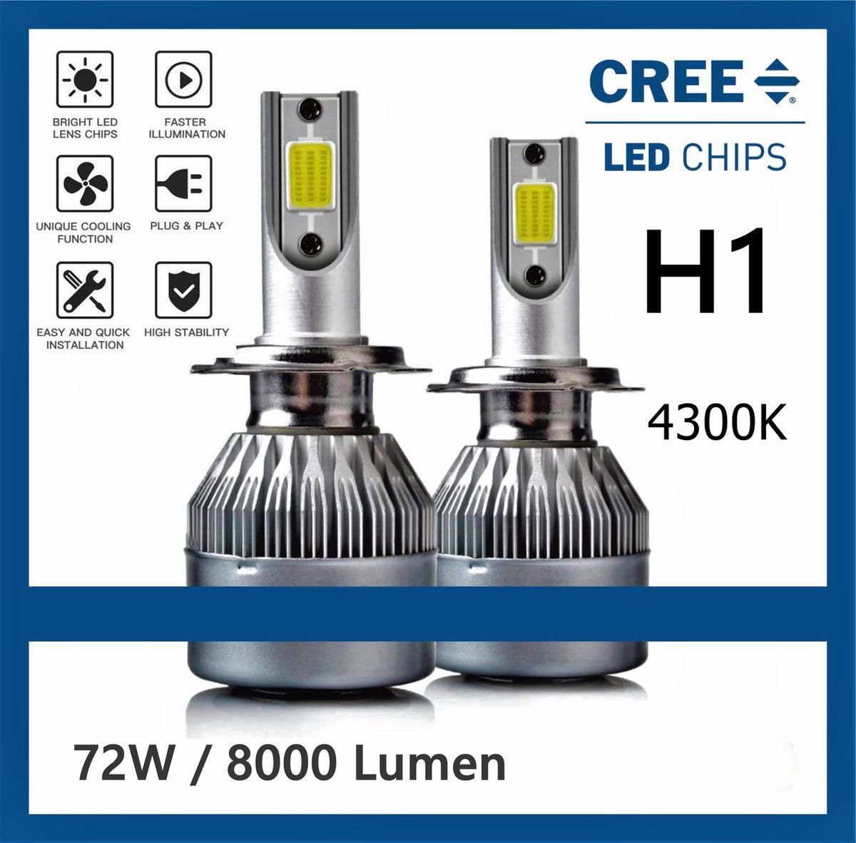 H1 LED lampen (set 2 stuks) CANbus Geschikt  4300k Naturel Wit 8000LM IP68 72 Watt 
