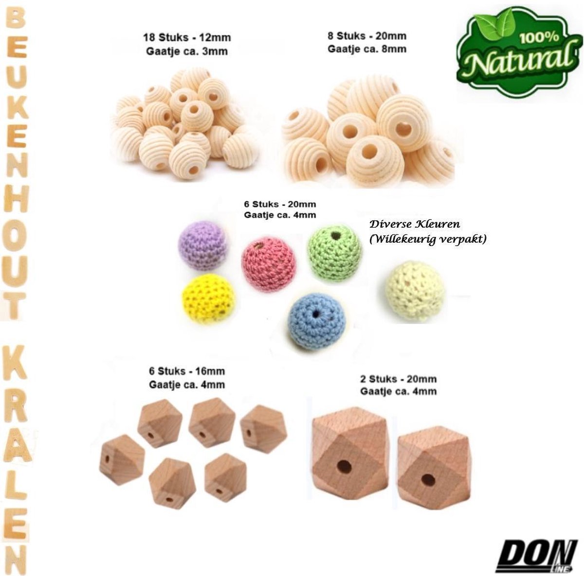 Houten Kralen Hobby MIX SET / Voordeelpakket Houten Kralen / Rond bijenkorfontwerp 12mm en 20mm + Geometrische Ontwerp 16mm en 20mm + Ronde Gehaakte Houten Kralen 20mm / 40 Stuks Natuurlijke Houten Hobby Kralen / Baby Speenkoord kralen / Sieraden enz