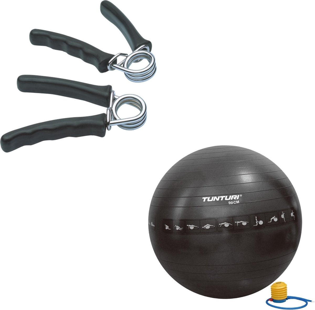 Tunturi - Fitness Set - Knijphalters 2 stuks - Gymball Zwart met Anti Burst 90 cm