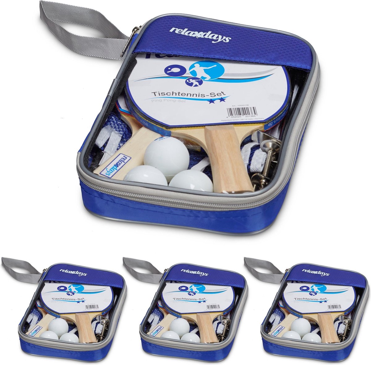 relaxdays 4 x tafeltennis set 2 sterren - 8 batjes - 12 ballen - 4  tafeltennisnet - blauw