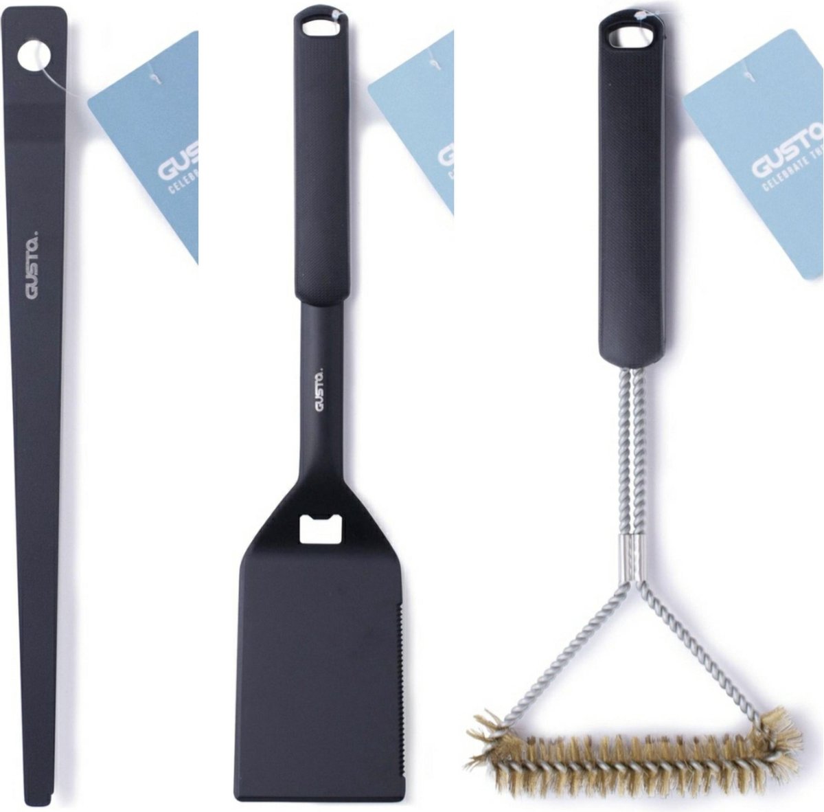 Gusta BBQ gereedschapset - BBQ Borstel 38 cm zwart - BBQ Spatel 46 cm zwart - BBQ Pincet zwart 30 cm