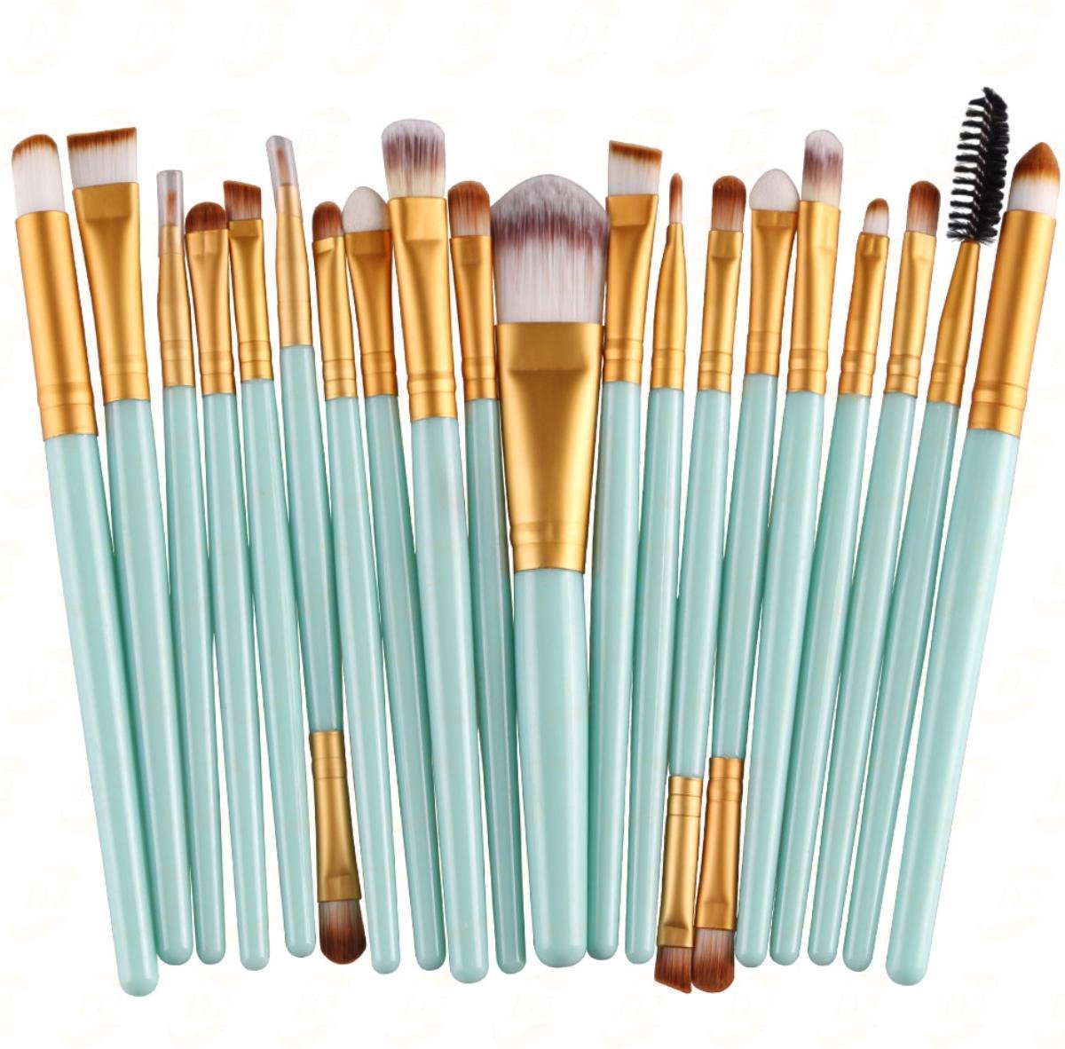 Make-up kwasten | Make-up set | Make-up geschenksets | Oogschaduw kwasten | Eyeliner | Wenkbrauw borstel | Mascara borsteltje | 20-delig | Mintgroen/goud | Able & Borret