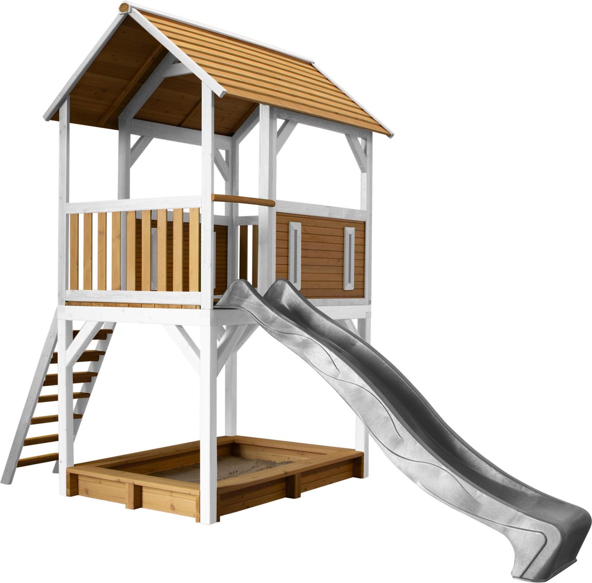 AXI Pumba Speelhuis Bruin/wit - FSC - Platform 118 cm -  Zandbak incl. hoes - Grijze glijbaan