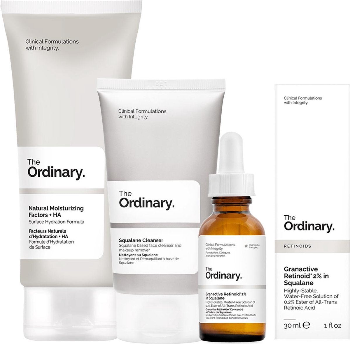 The Ordinary trio set – beauty set voor minimaliseren en tekenen van veroudering te verminderen - anti-aging - Squalane Cleanser - Natural Moisturising Factors + HA - Granactive Retinoid 2% in Squalane - Anti rimpel
