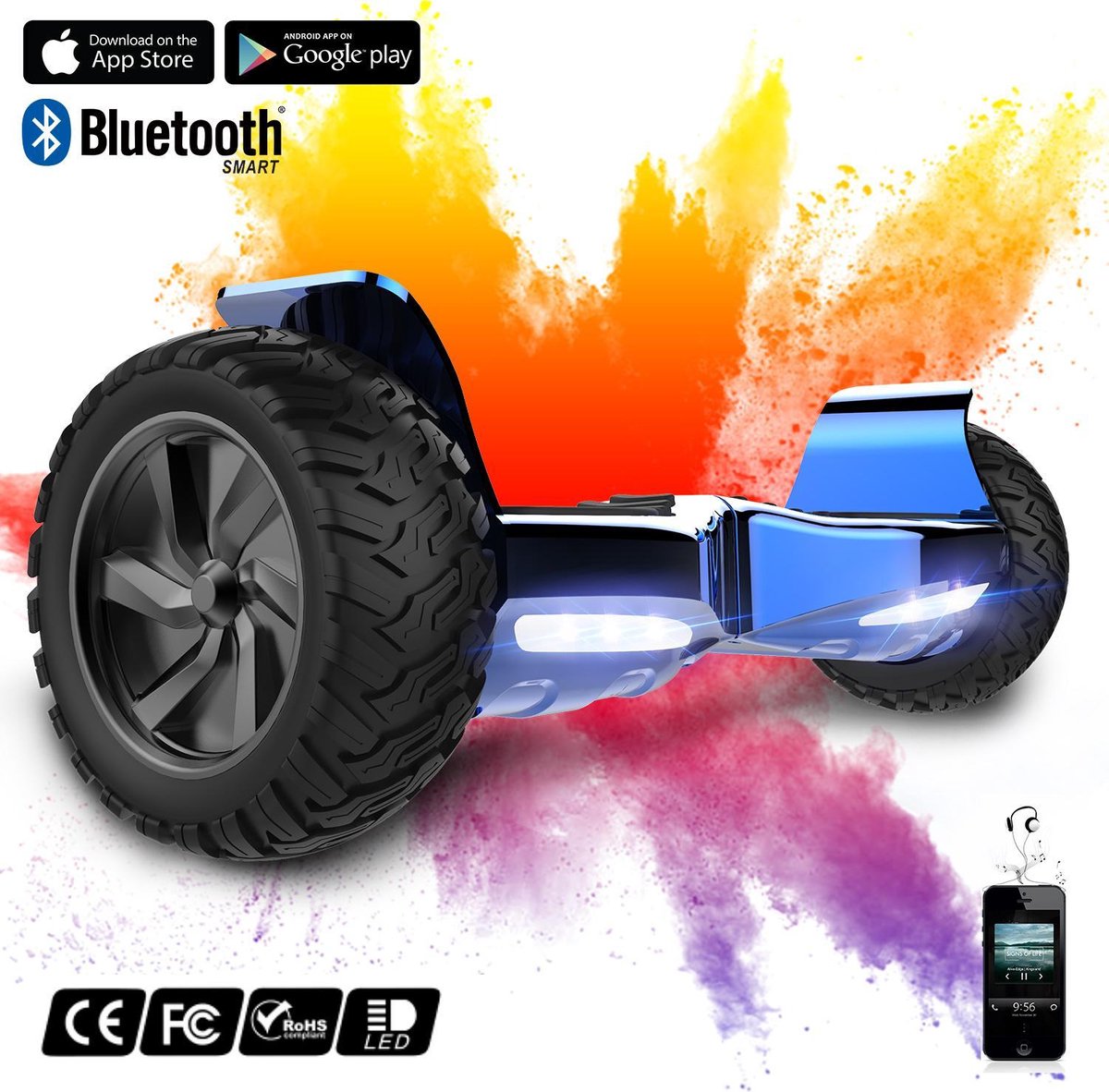 Evercross Challenger Hoverboard 8.5 Inch | 700W | Bluetooth Speaker | Blauw Chroom