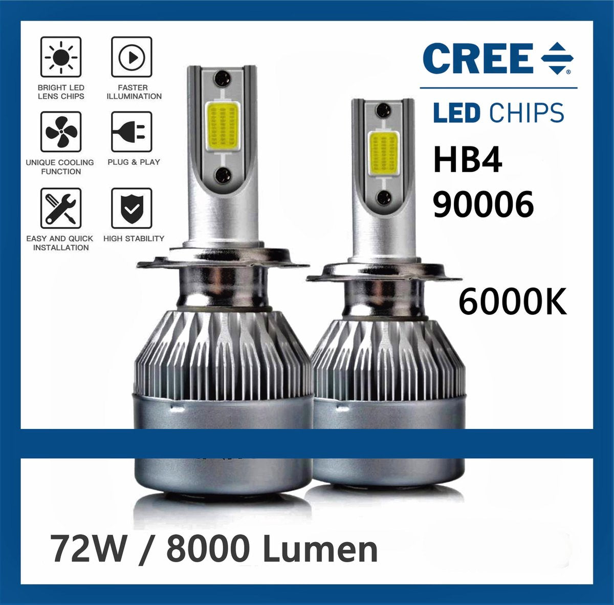 HB4 | 9006 | LED lampen (set 2 stuks)  CANbus Helder Wit  6000k  8000LM IP68 72 Watt 