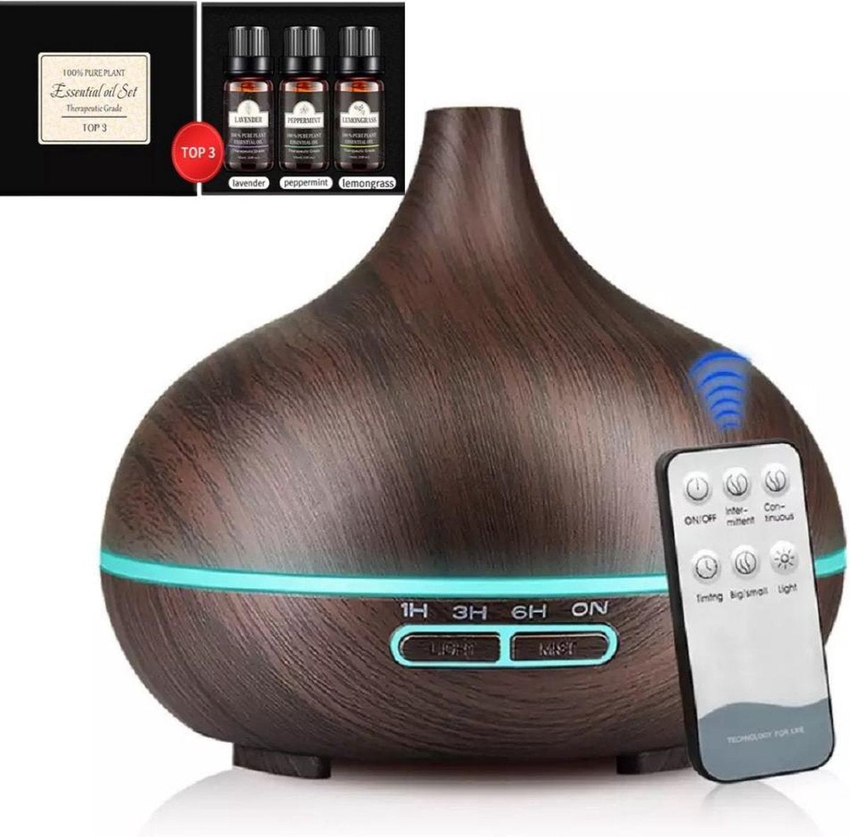 Aroma Diffuser Luchtbevochtiger Humidifier 550ml met Afstandsbediening - Geurverspreider met Luxe 3 Pack 100% puur Etherische Olie Gratis - Donkerbruin - Tensfact®