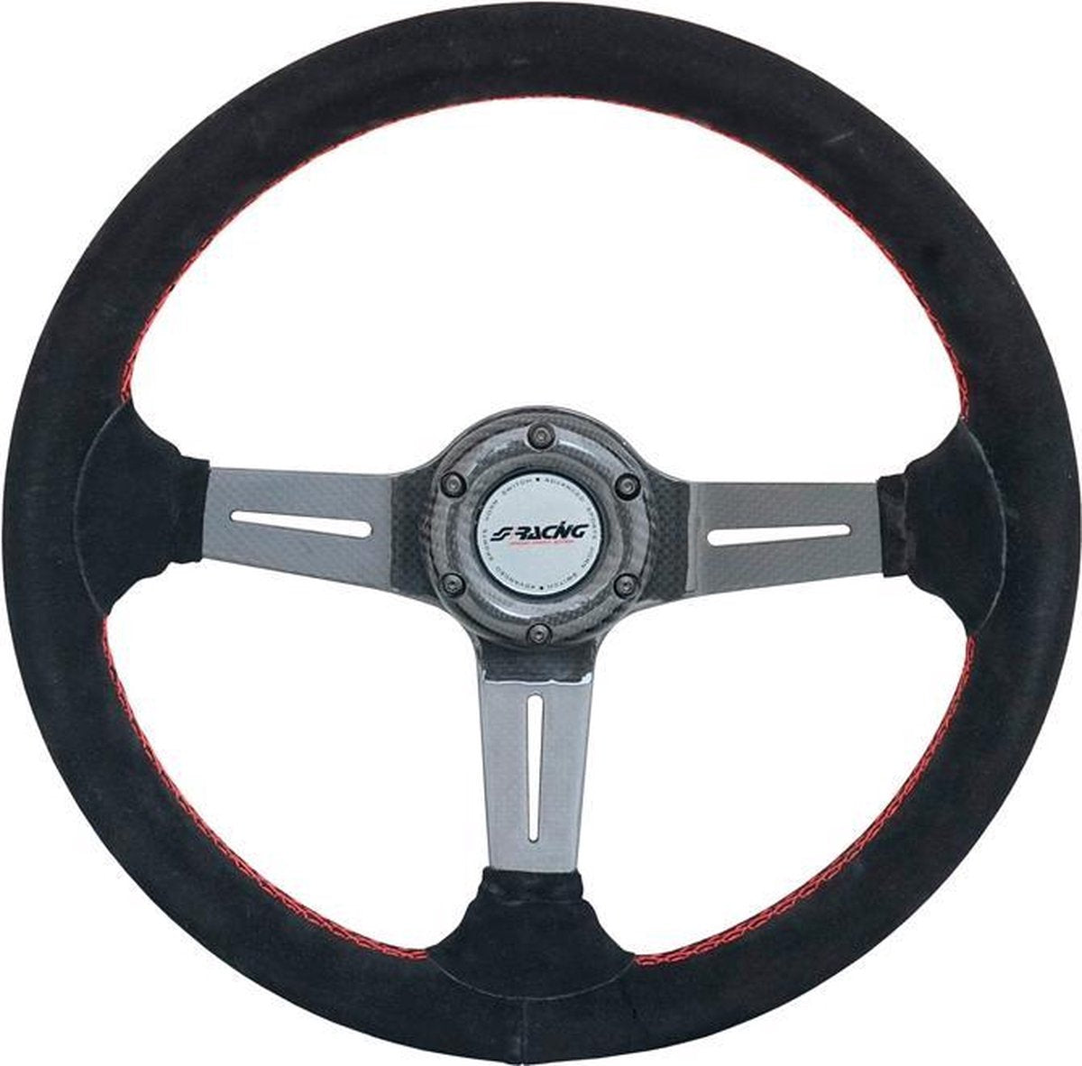 Simoni Racing High-End Racing Sportstuur Carlos 350mm - Echt Carbon - Zwart Suede + Rode Stiksels