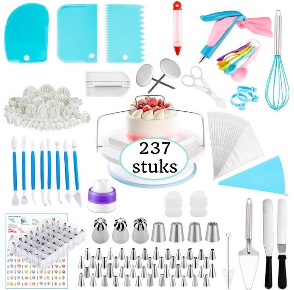 Perow Taarten Bak Set - Luxe XXL 237 Delig Set - Decoratie Set - Taarten en Cupcakes - Draaibaar Plateau - Herbruikbare Spuitzak - Cupcake Vormpjes