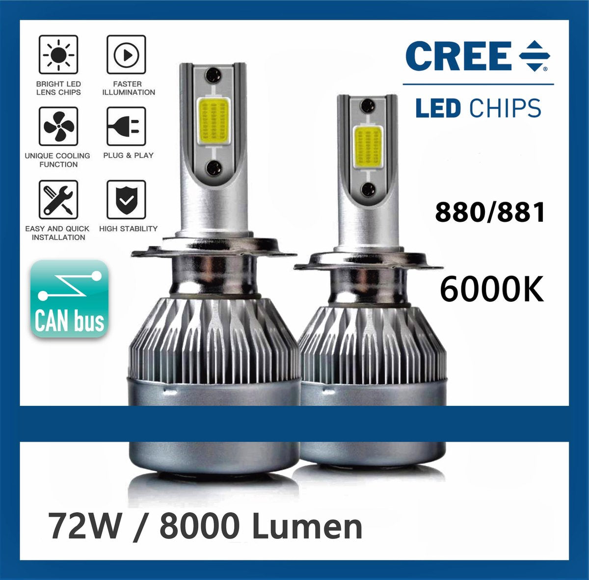 880 - 881 LED lampen (set 2 stuks) 6000k Helder Wit 8000LM IP68 80 Watt CANbus Geschikt